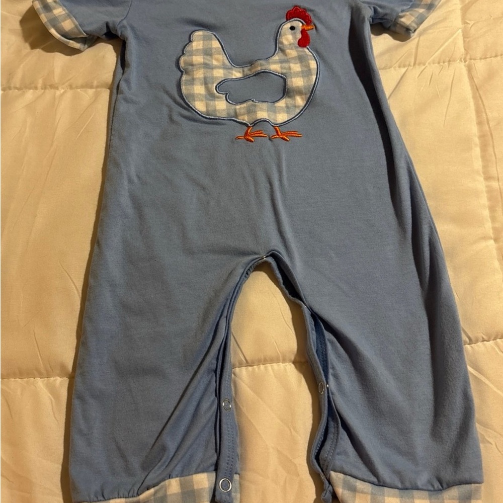 Blue Baby Romper w/ Chicken Appliqué